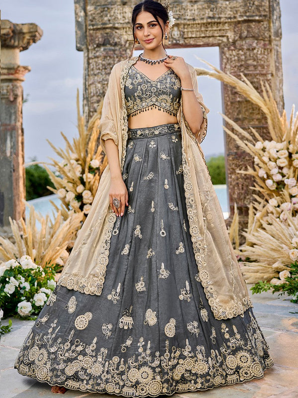Beautiful Grey Color Satin Fabric Party Wear Lehenga