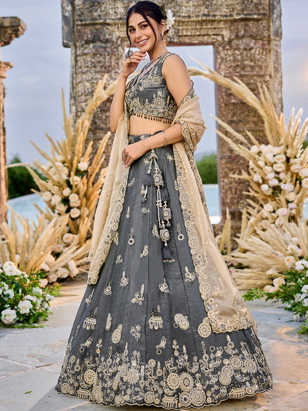 Beautiful Grey Color Satin Fabric Party Wear Lehenga