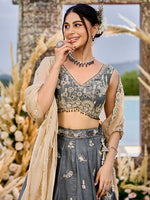Beautiful Grey Color Satin Fabric Party Wear Lehenga