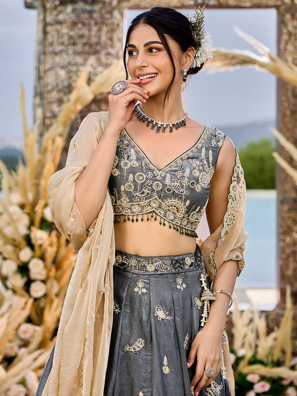 Beautiful Grey Color Satin Fabric Party Wear Lehenga