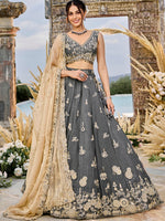 Beautiful Grey Color Satin Fabric Party Wear Lehenga