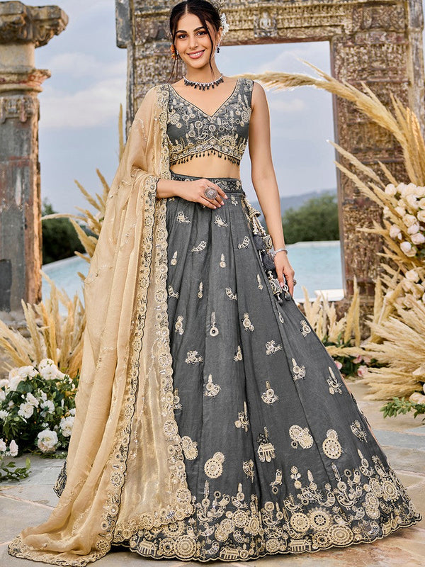 Beautiful Grey Color Satin Fabric Party Wear Lehenga