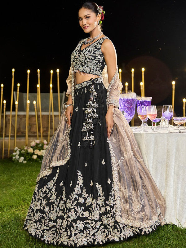 Beautiful Black Color Satin Fabric Party Wear Lehenga
