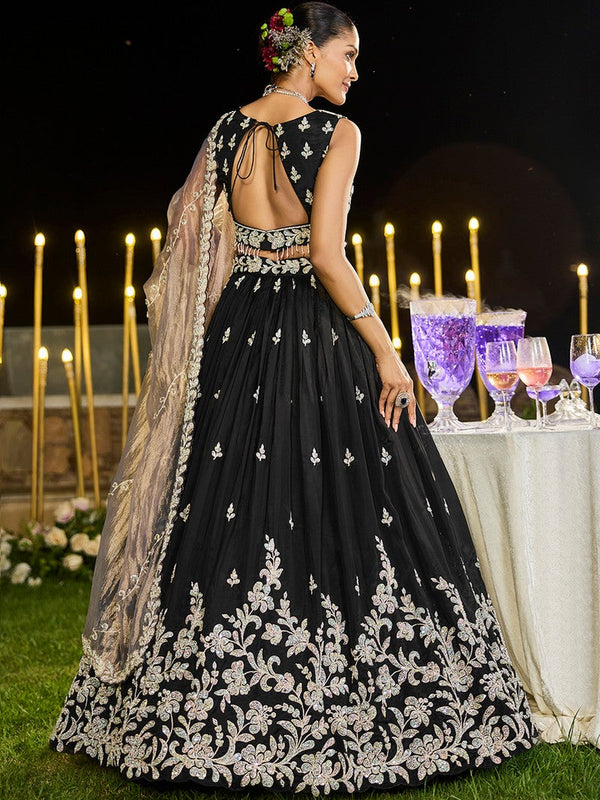 Beautiful Black Color Satin Fabric Party Wear Lehenga