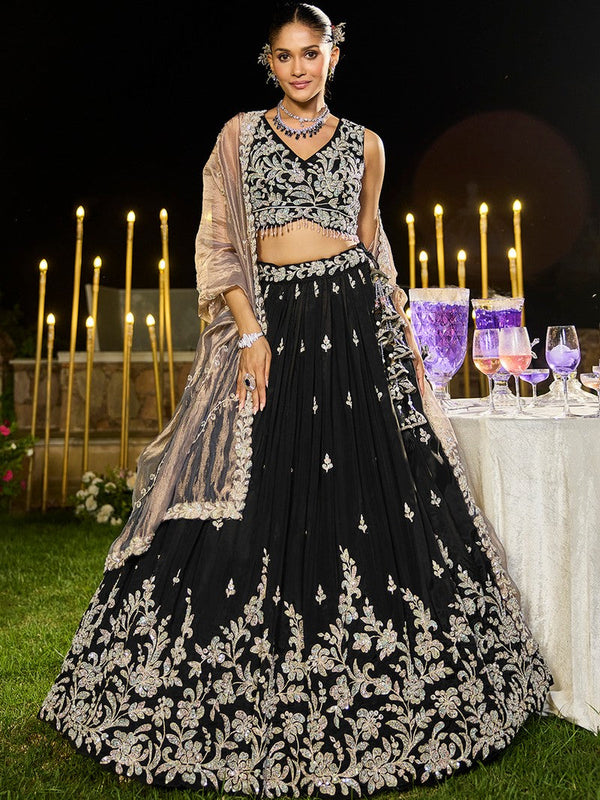 Beautiful Black Color Satin Fabric Party Wear Lehenga