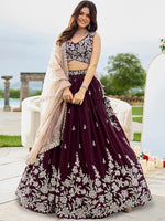 Beautiful Wine Color Satin Fabric Party Wear Lehenga