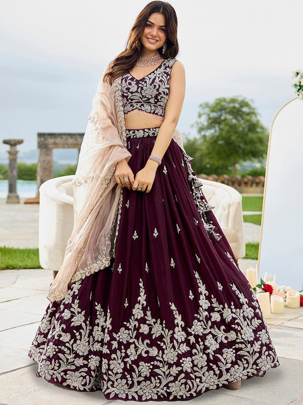 Beautiful Wine Color Satin Fabric Party Wear Lehenga