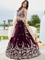 Beautiful Wine Color Satin Fabric Party Wear Lehenga