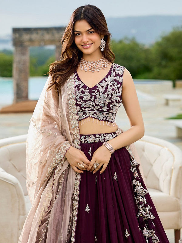 Beautiful Wine Color Satin Fabric Party Wear Lehenga