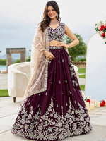 Beautiful Wine Color Satin Fabric Party Wear Lehenga