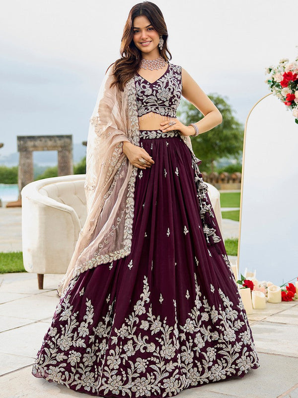 Beautiful Wine Color Satin Fabric Party Wear Lehenga