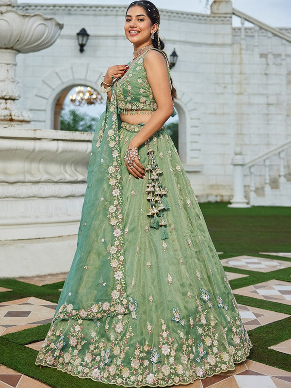 Beautiful Green Color Tissue Fabric Party Wear Lehenga