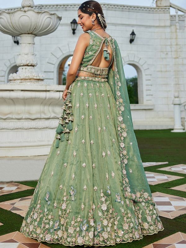 Beautiful Green Color Tissue Fabric Party Wear Lehenga