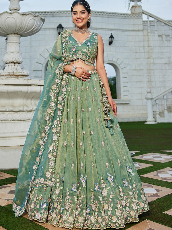 Beautiful Green Color Tissue Fabric Party Wear Lehenga