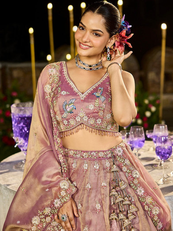 Beautiful Peach Color Tissue Fabric Party Wear Lehenga