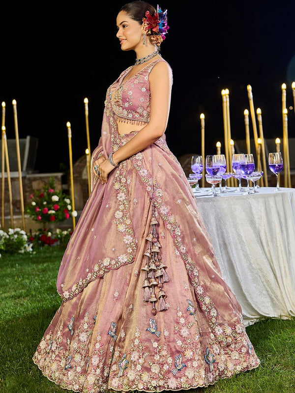 Beautiful Peach Color Tissue Fabric Party Wear Lehenga