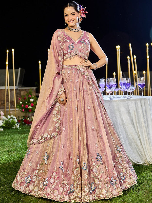 Beautiful Peach Color Tissue Fabric Party Wear Lehenga