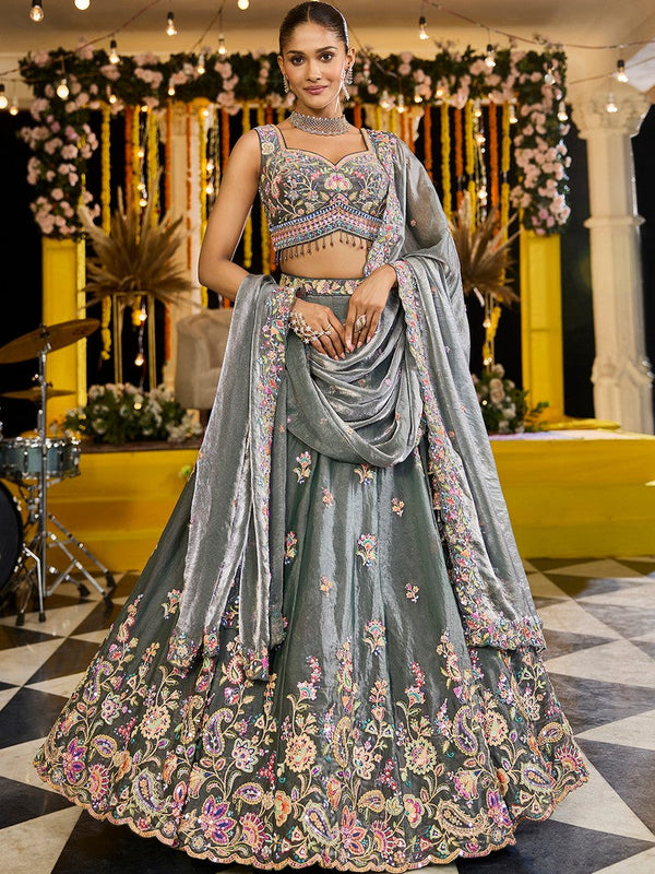 Beautiful Grey Color Tissue Fabric Party Wear Lehenga