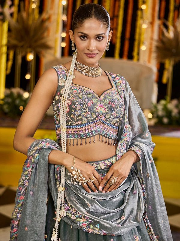 Beautiful Grey Color Tissue Fabric Party Wear Lehenga