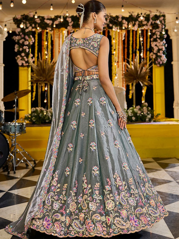 Beautiful Grey Color Tissue Fabric Party Wear Lehenga