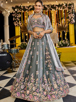Beautiful Grey Color Tissue Fabric Party Wear Lehenga