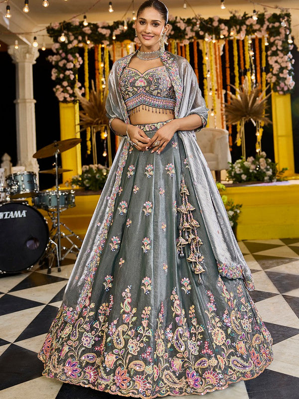 Beautiful Grey Color Tissue Fabric Party Wear Lehenga