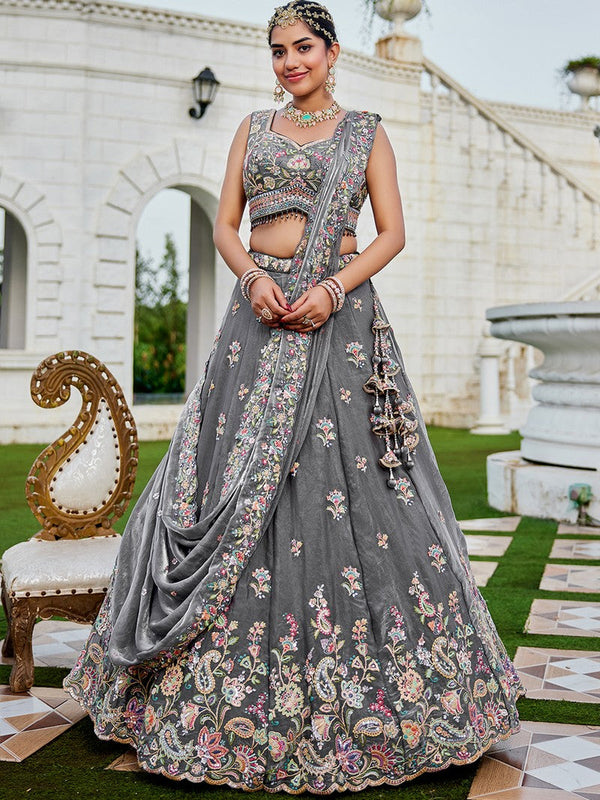 Beautiful Grey Color Tissue Fabric Party Wear Lehenga