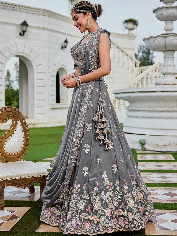 Beautiful Grey Color Tissue Fabric Party Wear Lehenga