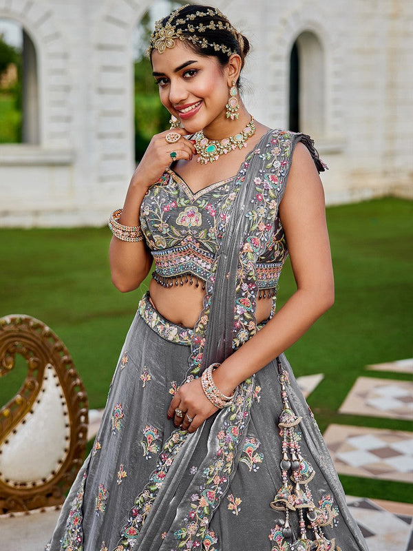 Beautiful Grey Color Tissue Fabric Party Wear Lehenga