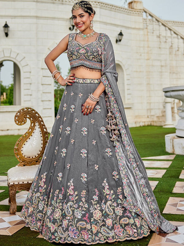 Beautiful Grey Color Tissue Fabric Party Wear Lehenga