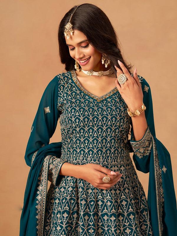 Amazing Teal Color Georgette Fabric Plazzo Suit