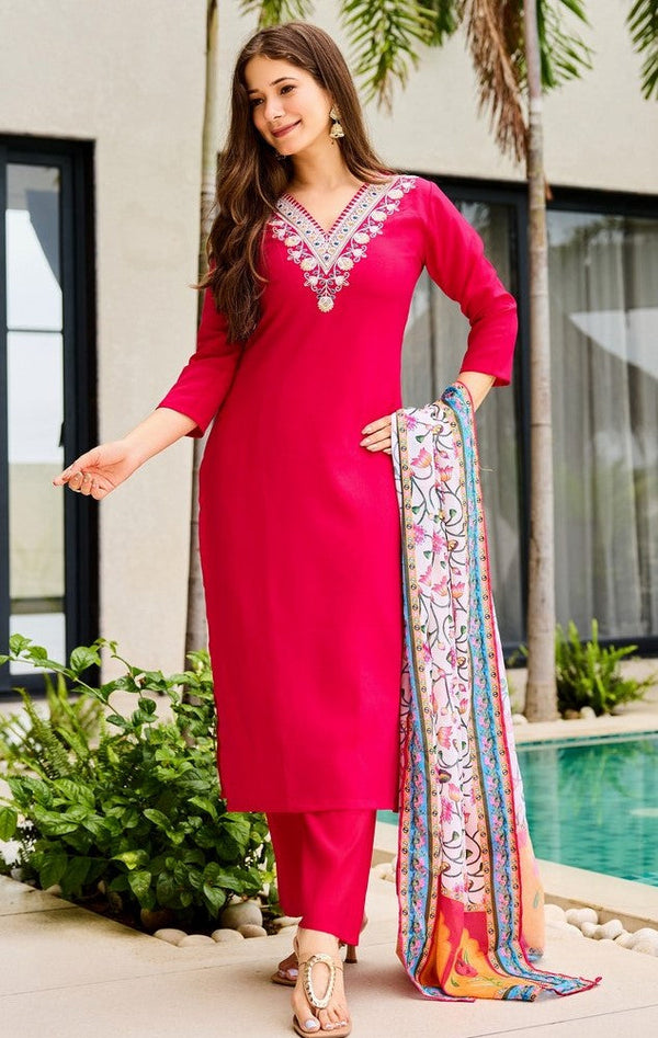 Gorgeous Pink Color Rayon   Fabric Designer Suit