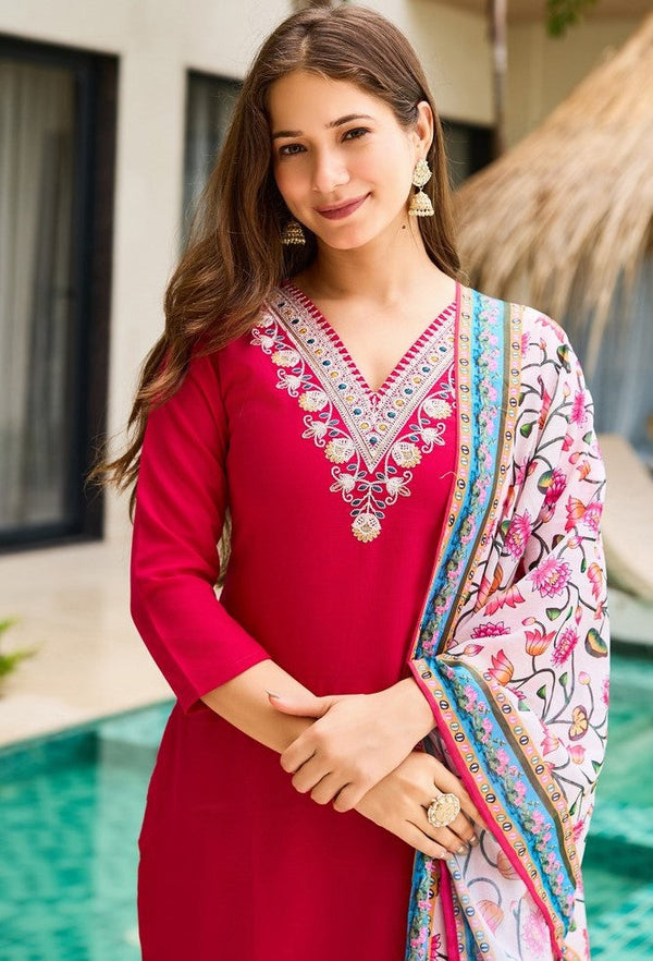 Gorgeous Pink Color Rayon   Fabric Designer Suit