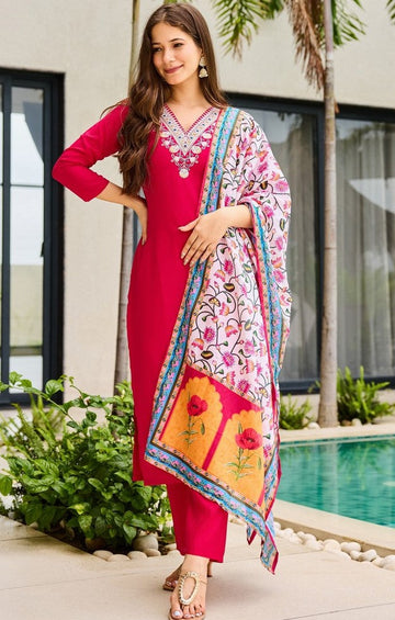 Gorgeous Pink Color Rayon   Fabric Designer Suit