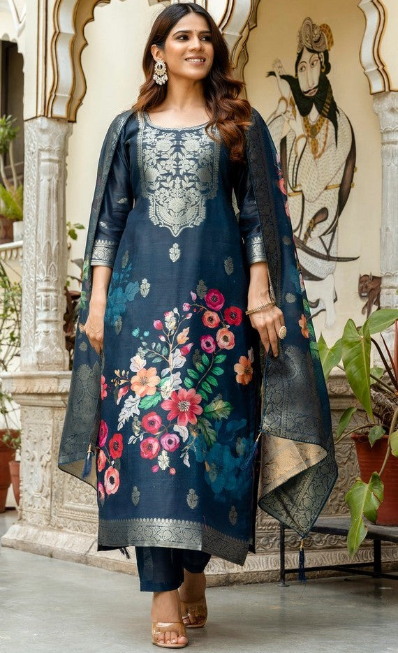 Gorgeous Navy Blue Color Chanderi  Fabric Plazzo Suit
