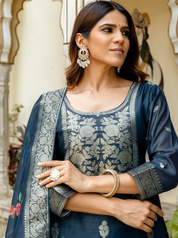 Gorgeous Navy Blue Color Chanderi  Fabric Plazzo Suit