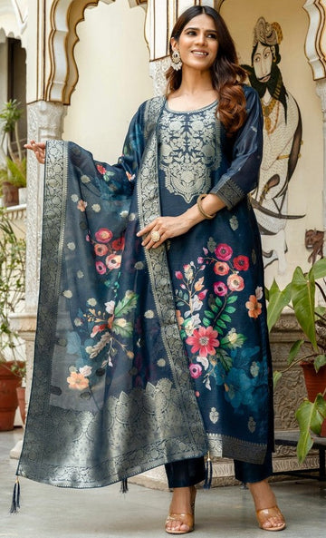 Gorgeous Navy Blue Color Chanderi  Fabric Plazzo Suit