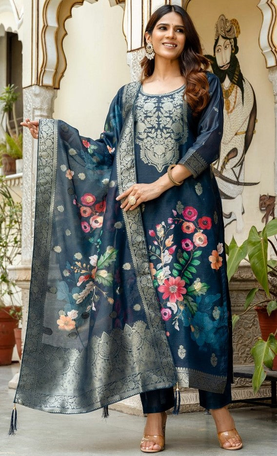 Gorgeous Navy Blue Color Chanderi  Fabric Plazzo Suit