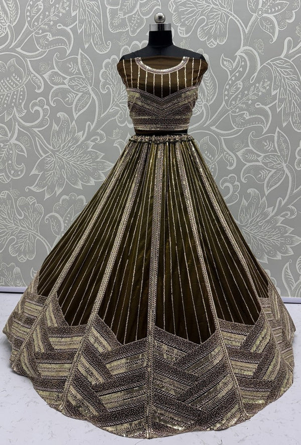 Lovely Green Color Chinon Fabric Party Wear Lehenga