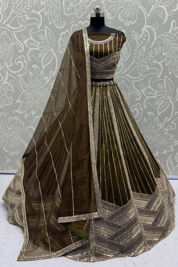 Lovely Green Color Chinon Fabric Party Wear Lehenga