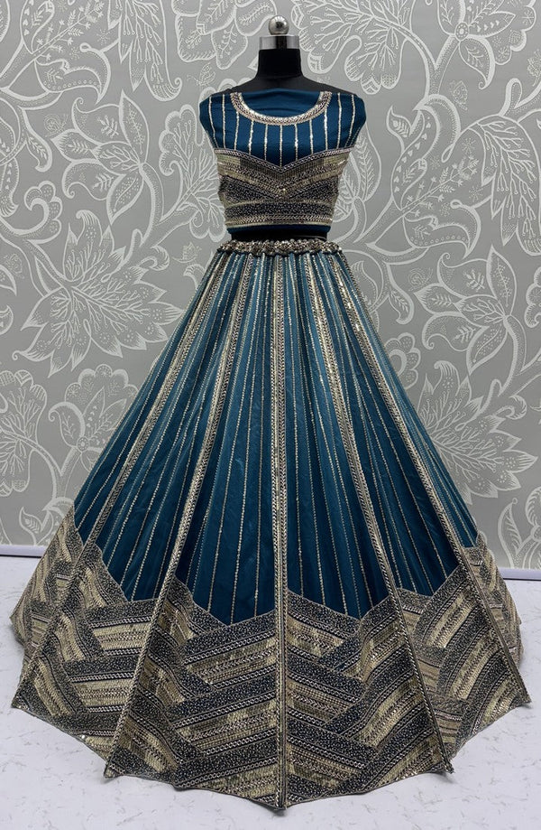 Lovely Teal Color Chinon Fabric Party Wear Lehenga