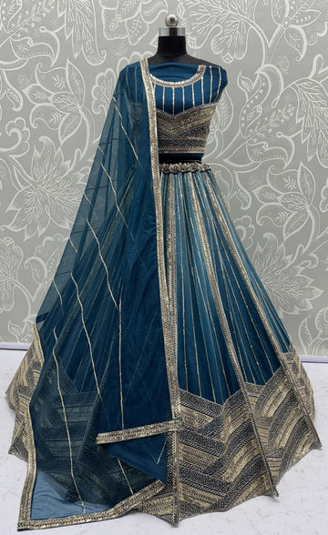 Lovely Teal Color Chinon Fabric Party Wear Lehenga