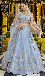 Beautiful Aqua Color Satin Fabric Party Wear Lehenga