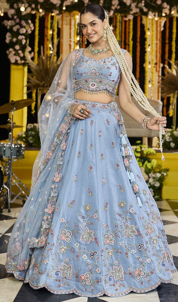 Beautiful Aqua Color Satin Fabric Party Wear Lehenga