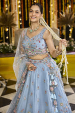 Beautiful Aqua Color Satin Fabric Party Wear Lehenga