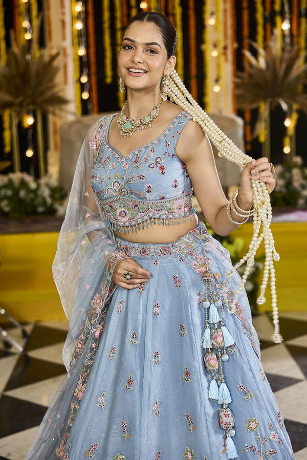 Beautiful Aqua Color Satin Fabric Party Wear Lehenga