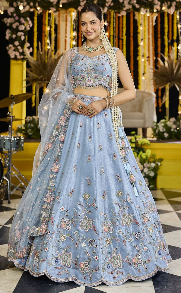 Beautiful Aqua Color Satin Fabric Party Wear Lehenga