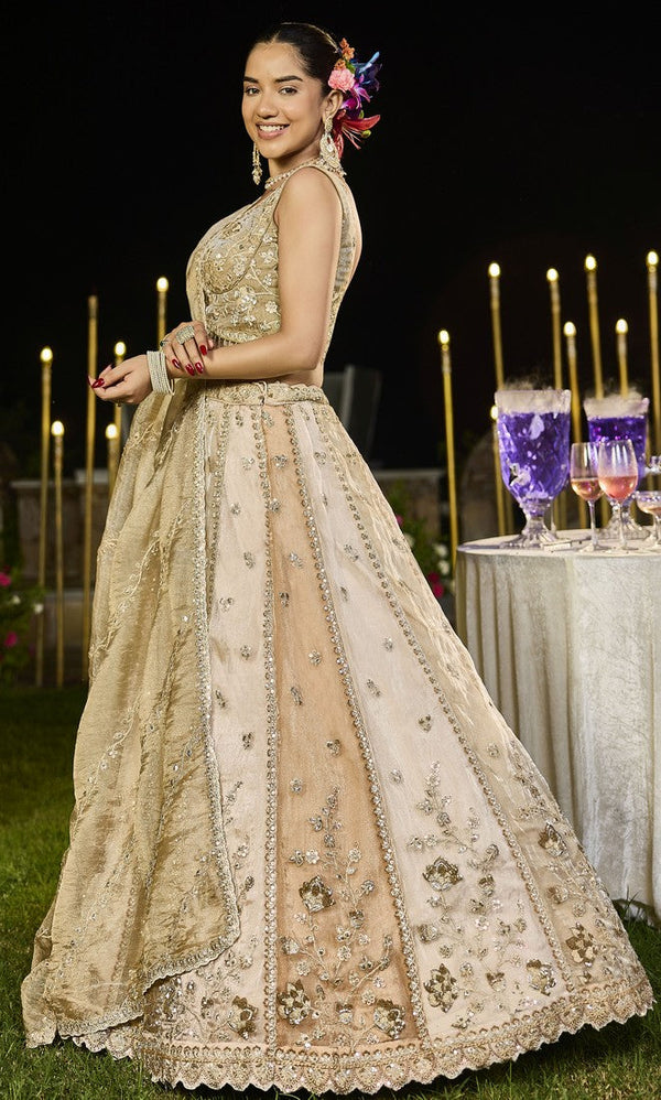 Beautiful Beige Color Satin Fabric Party Wear Lehenga