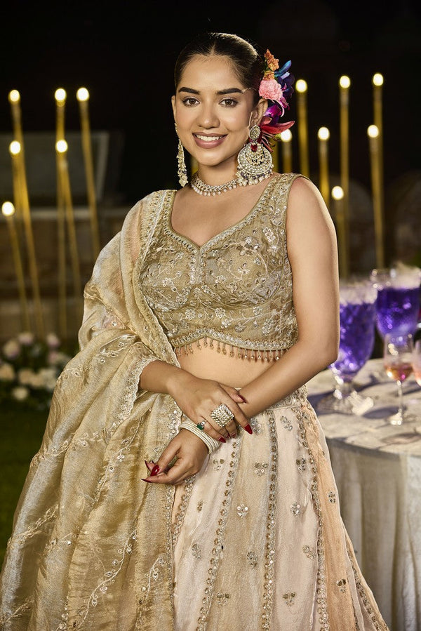 Beautiful Beige Color Satin Fabric Party Wear Lehenga