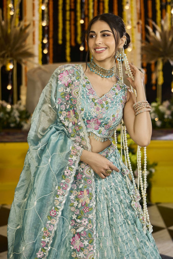 Beautiful Green Color Satin Fabric Party Wear Lehenga